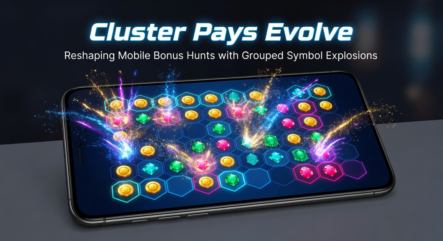 Vibrant slot screen showing clustered symbols exploding in a cascade of wins during a mobile bonus round, highlighting the dynamic cluster pays mechanic