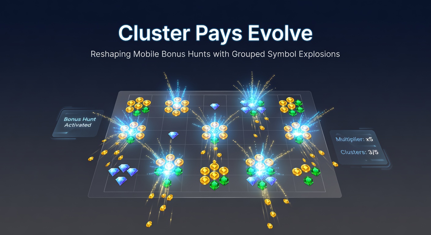 Close-up of a mobile slot interface with massive clustered wilds exploding, multipliers stacking, and bonus coins raining down in a high-stakes cluster pays event