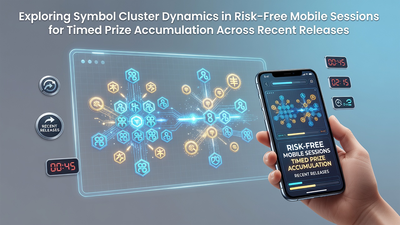 Mobile device displaying clustered symbols during a risk-free slot session with timer indicators for prize accumulation