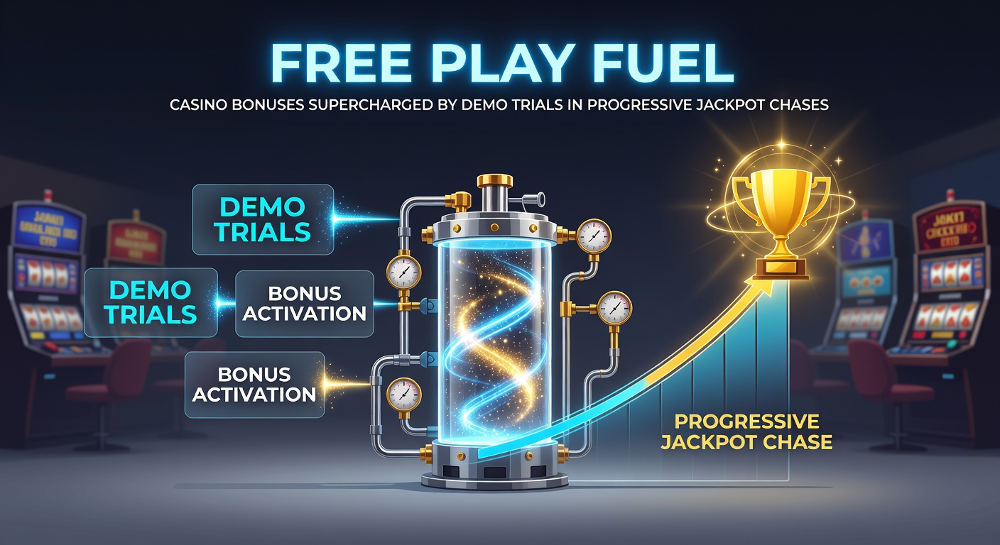 Dynamic graphic of a casino dashboard showing demo spins transitioning to bonus explosions and a soaring progressive jackpot counter, highlighting strategic free play advantages