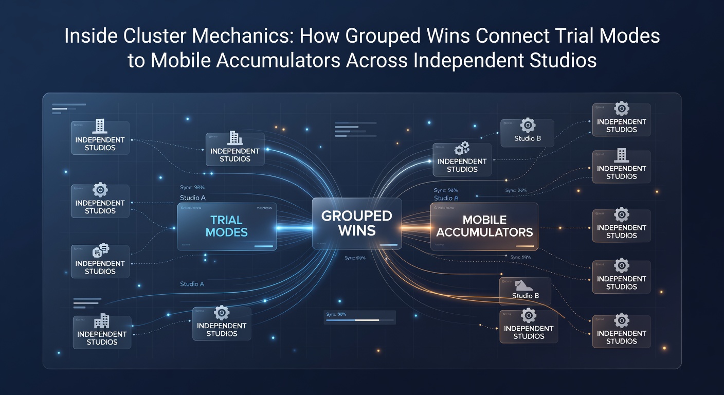 Diagram showing cluster pay mechanics linking trial modes to mobile accumulators in slot development