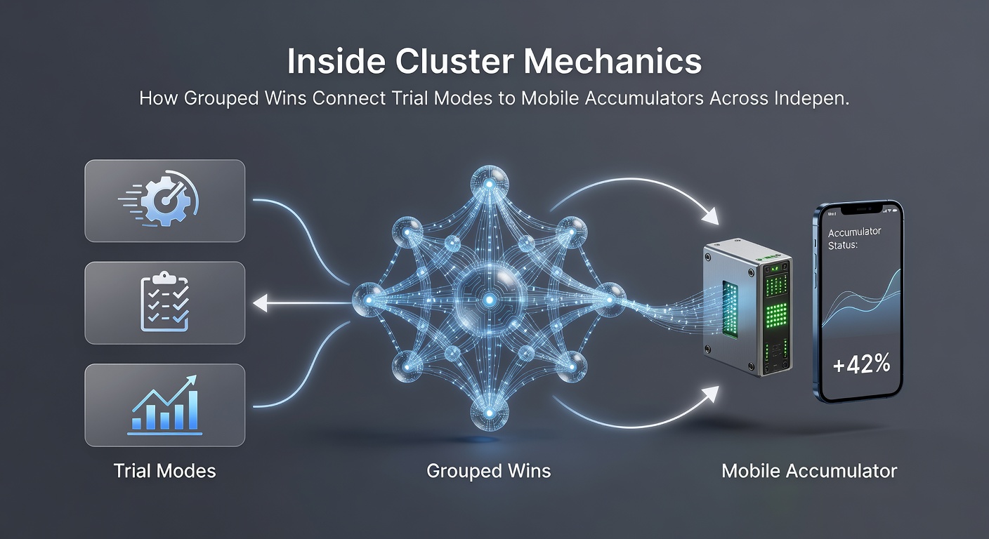 Mobile screen capture of cluster wins feeding into accumulator meters during gameplay