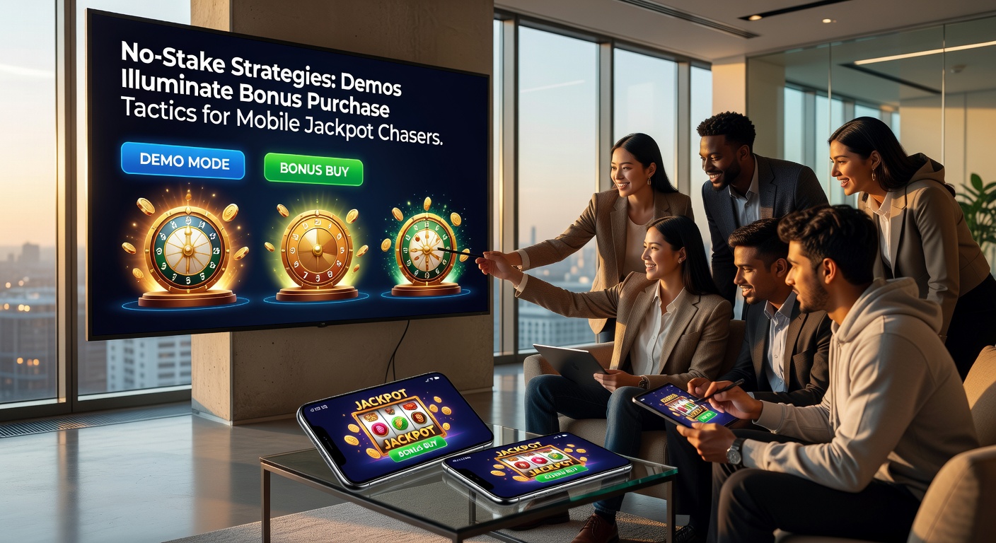 Smartphone displaying a slot demo with active bonus buy menu, jackpot counter at 500,000 coins, and cascading reels in action