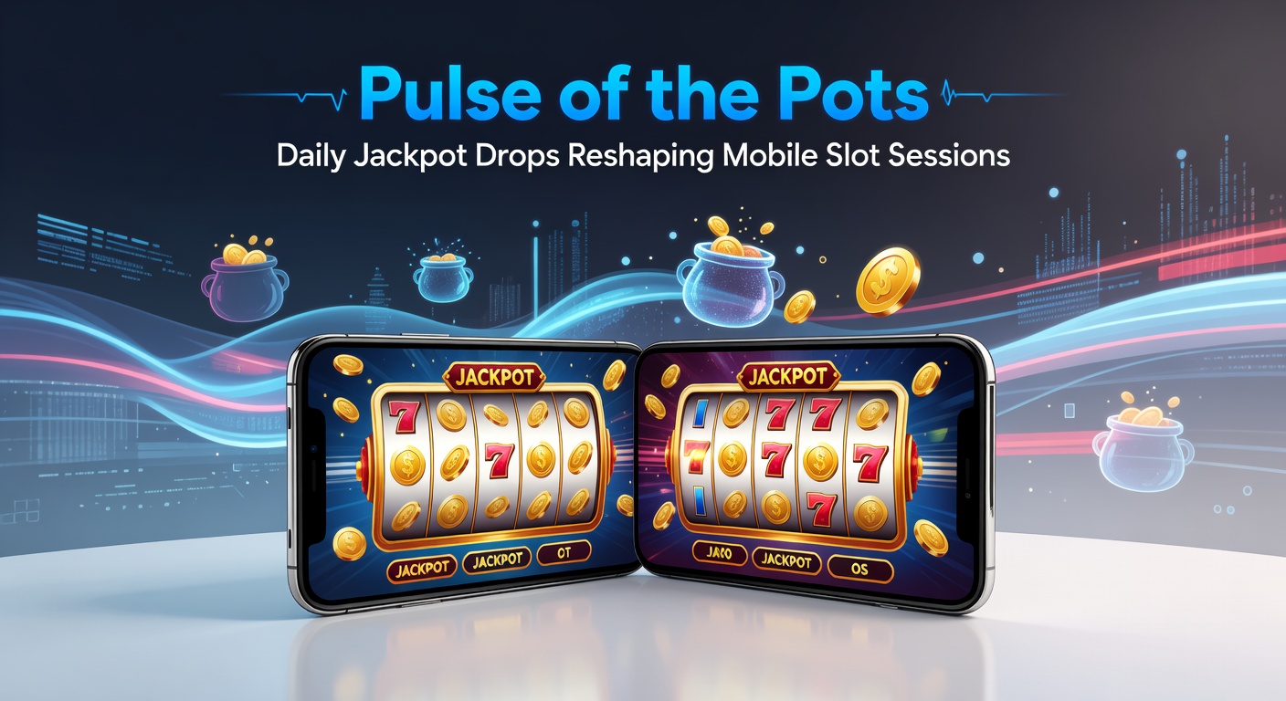 Close-up of a mobile phone displaying a Pulse of the Pots jackpot win, with glowing pots and cascading coins against a dark background