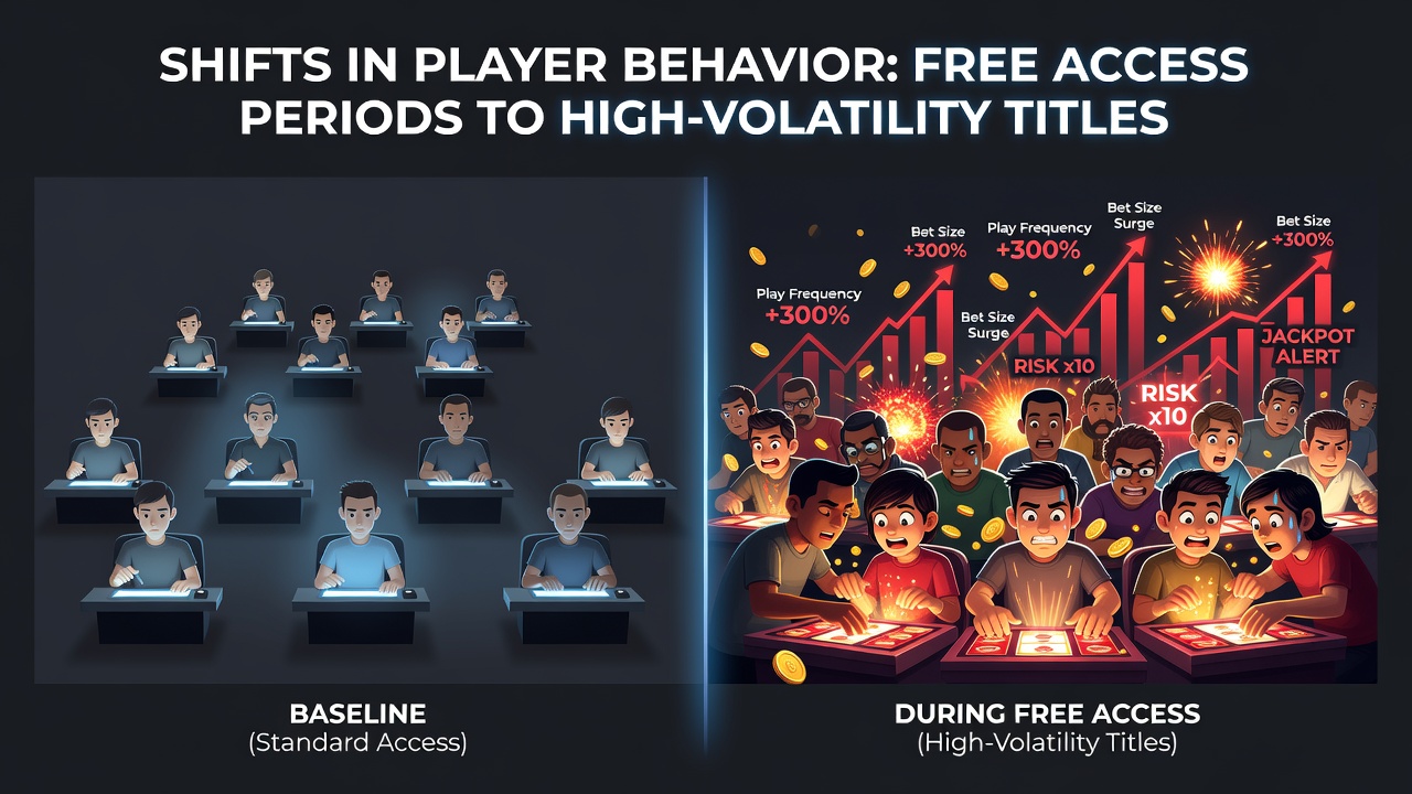 Illustration of player engagement patterns shifting during free access to high-volatility slot games