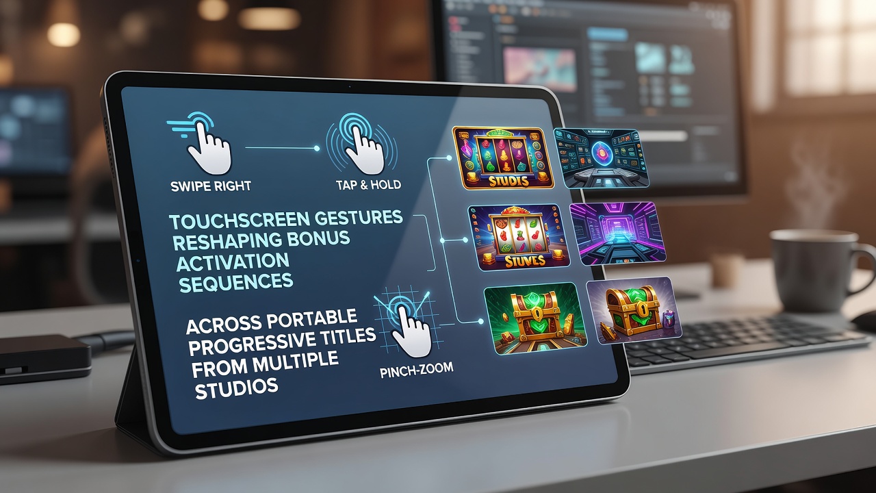Mobile device displaying various touchscreen gestures interacting with a progressive slot game interface