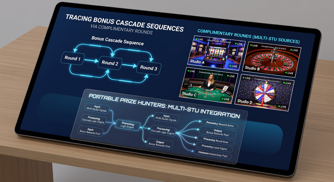 Mobile device displaying cascade sequences during complimentary rounds in portable prize hunter slots