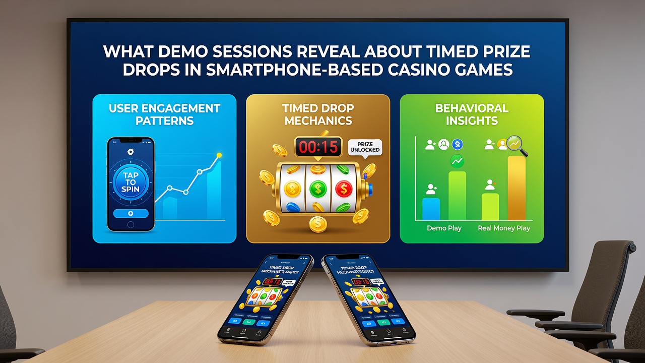 Close-up of mobile device showing demo statistics for prize drop frequency and timing charts in a casino app